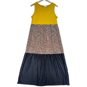 P&rose Womens Sleeveless Round Neck Midi Dress Sz 2XL Black Yellow Leopard Print